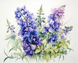 Contemporary botanical art in watercolor, showcasing Matthiola Incana with Pink Carnations, on a serene white background ,  fresh and clean look