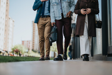 Professionals in stylish outfits engage in a conversation while walking along a city street, carrying bags and dressed in business casual attire.