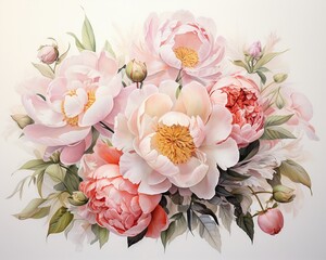 Delicate watercolor of a peachy perfect bouquet, including pink and white peonies, painted in gentle pastels on a pristine white canvas ,  high resolution