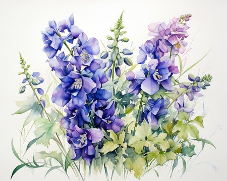 Contemporary botanical art in watercolor, showcasing Matthiola Incana with Pink Carnations, on a serene white background ,  fresh and clean look