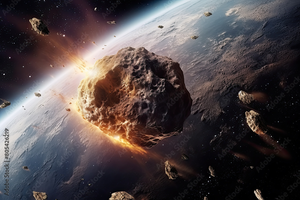 Poster artists interpretation of a collision between rocks and debris in the vast emptiness of space, showc