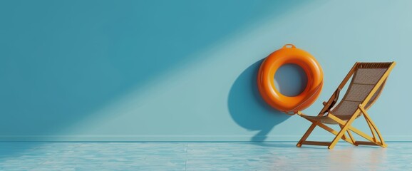 Summer background banner with life ring and deck chair. - Powered by Adobe