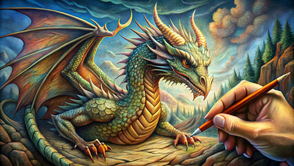 Obraz premium hand holding a pencil drawing dragon