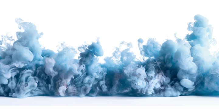 Blue and white smoke swirls around on a white surface.