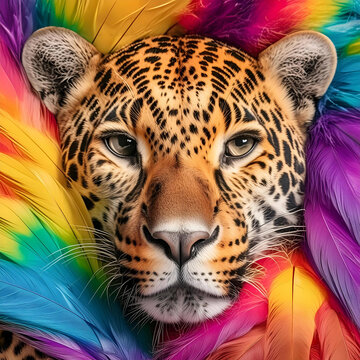 A leopard head with a rainbow feather on it. LGBTQ Pride Month. Pride Day. High quality. Graphic Resource. Deep look. Eye. Cute decoration. Party.