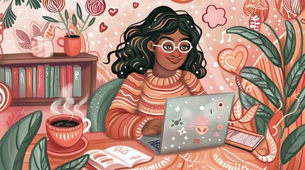 Captivating Blogger Illustration: Woman at Laptop with Social Media
