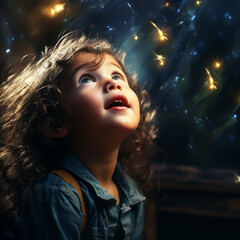 Captivating image of a young child, awe-struck, gazing upward at sparkling fireflies on a magical evening.