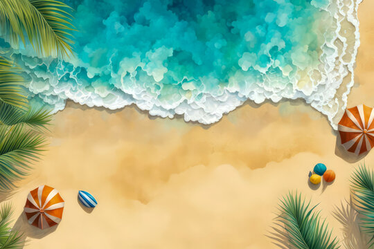 beach vacation on top view watercolor