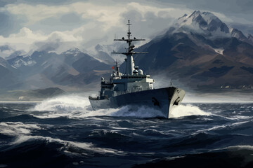 Warship in the stormy sea. 3D illustration