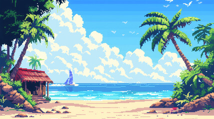 pixel art of sunny beach dungeon background battle scene in RPG old school retro 16 bits, 32 bits game style