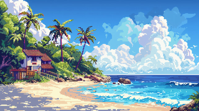 pixel art of sunny beach dungeon background battle scene in RPG old school retro 16 bits, 32 bits game style