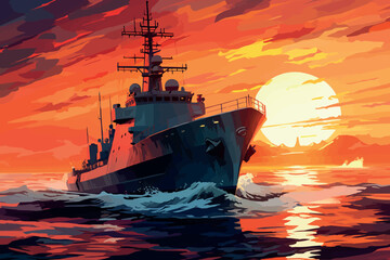 Warship in the stormy sea. 3D illustration