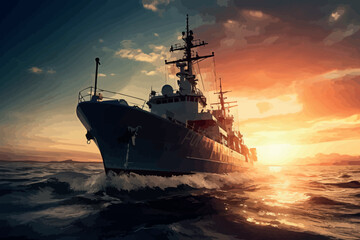 Warship in the stormy sea. 3D illustration