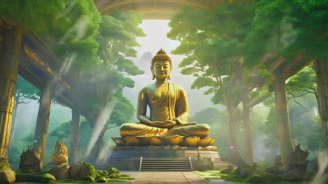 a giant golden Buddha statue in a holy temple in the middle of a forest that has just been revealed