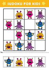 Sudoku logical reasoning activity for kids. Fun sudoku puzzle with cute monsters illustration. Children educational activity worksheet.	