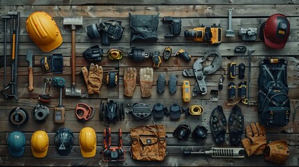 A collection of construction tools and safety equipment organized on a wall