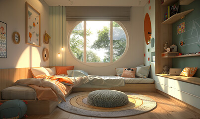 Elegant bedroom with neutral tones and contemporary art. Generate AI