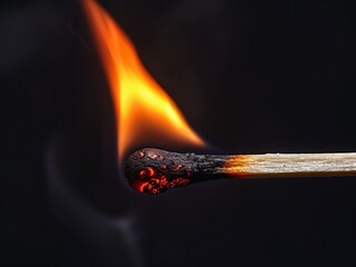 close up of match on fire burning with red flames on black background