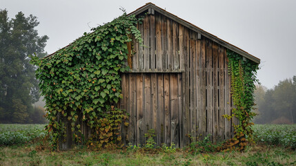 Fototapeta na wymiar A wooden cabin, its facade covered in climbing ivy, stands alone in a clearing. The day is grey and overcast, and the vibrant green of the plants contrasts starkly with the wooden texture