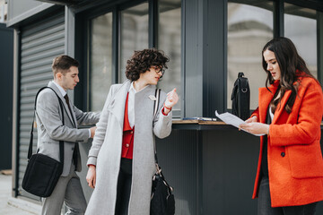 Three business associates in formal attire discuss work papers outside an office building.