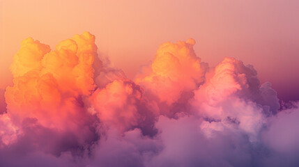 Smoke forming soft, fluffy clouds in a gradient of sunset colors--deep oranges, pinks, and purples--set against a dusky sky-colored background.
