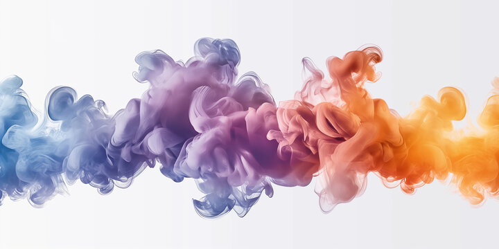The image shows a colorful smoke cloud. The smoke is a gradient of purple, blue, pink, and orange. The smoke is billowing and swirling. The background is white.