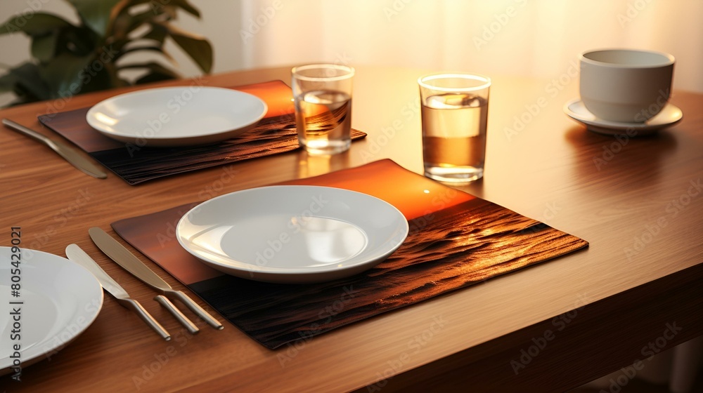Poster a table setting with a place mat and a plate.