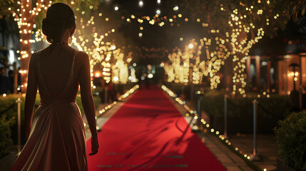 Obraz premium Beautiful young woman walking on red carpet at night with lights.