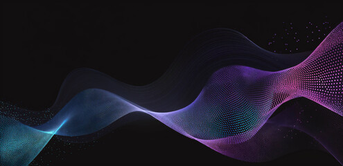 Abstract colorful wave of light is displayed on a black background. The colors are purple, blue, and green. Concept of movement and energy, as if the wave is in motion. The use of bright colors
