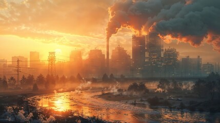 A cityscape filled with thick smoke billowing from buildings, obscuring the skyline and creating a hazardous environment