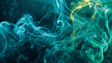 Smoke swirling in shades of teal and midnight blue, subtly highlighted with a neon yellow texture to enhance its dynamic movement.