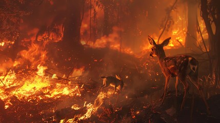 A deer and her fawn are running from a wildfire