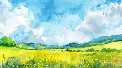 Watercolor illustration animation. Background illustration of a fresh green meadow rural environment.The blooming flowers are beautiful the field of colors.	