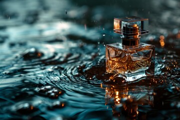 Transparent bottle of perfume on a dark background among the reflections of water
