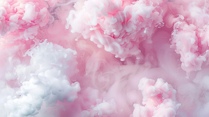 Soft clouds of smoke in a delicate pink and soft white, forming fluffy shapes that resemble cotton candy.