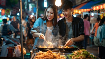 Young Asian couple traveler tourists eating Thai street food together in China town night market in...