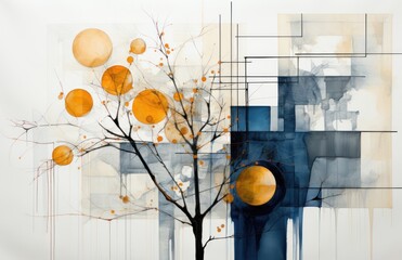 Splashes of bright paint on canvas. Abstraction orange, blue, black colors with elements of trees and circles