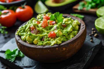 Guacamole with vegetables in a plate on a table in a cafe
