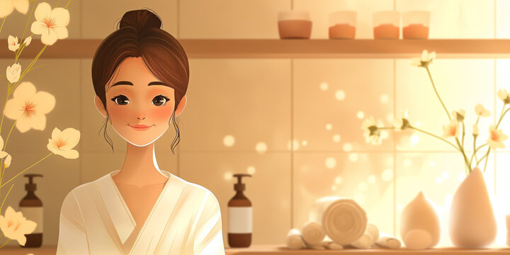 The photo shows a beautiful woman with brown hair and brown eyes, spa banner blank space for text.