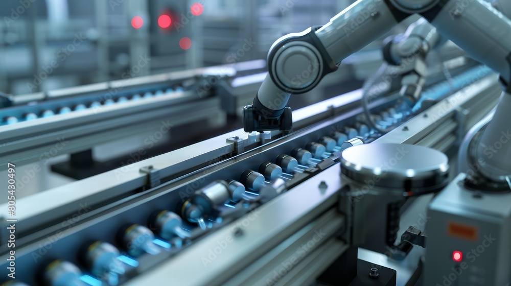 Poster innovative 3d model of a factory machine with conveyor and robotic arm, designed for high-efficiency