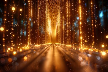 A large number of sparkling light reflected holographic powders are lighting up among the darkness of the background.