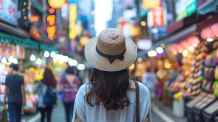 Young asian woman traveler traveling and shopping in Myeongdong street market at Seoul, South...