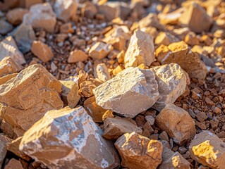 Macro view of rocks and soil at the site of an open pit mine, capturing the essence of natural resource extraction, close-up