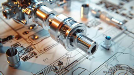 Mechanical engineering brilliance with a 3D engine model aligned over intricate engineering schematics, close-up