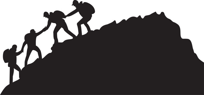 Silhouette of four people hiking climbing mountain and helping each other on top of mountain, helping hand and assistance concept vector