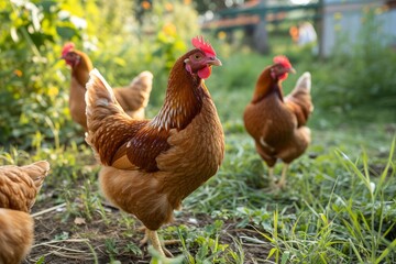 Chickens on a chicken farm grazing outdoors, domestic animal husbandry concept
