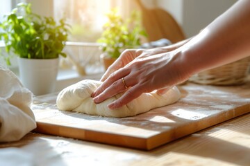 Obraz premium Baker's hands knead dough on the table in a bright kitchen 