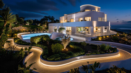 A white villa at night, illuminated by subtle perimeter lighting that outlines its luxurious pool...