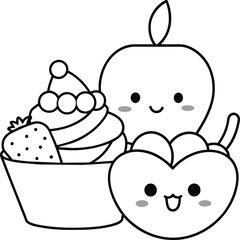  Kawaii coloring book illustration. Food coloring pages.