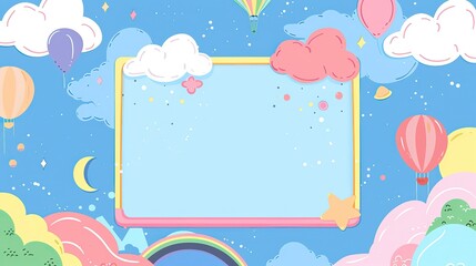 blue sky with rainbow cloud stars and balloon with blank frame, cute cartoonish page print frame or border design, with blank empty space for mock up message background